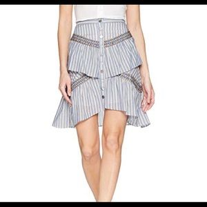 BCBG Maxazria XXS Skirt Blue Ruffle/Embroidered Boho Feminine Casual Lagenlook
